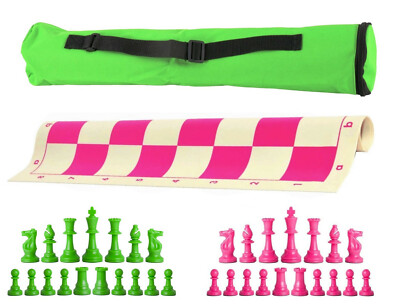 Archer Single Weight Chess Set - Vinyl Board w/ Pieces & Bag - Neon Green Pink