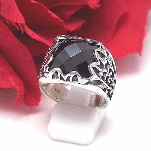 toller Herren Ring schwarzer Stein Ornamente Siegelring 925er Silber Gr.61 - Bild 1 von 4