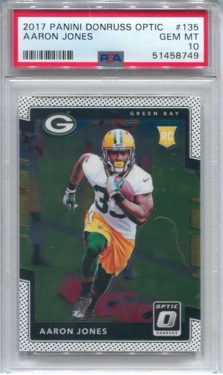 2017 DONRUSS OPTIC #135 AARON JONES HOLO PRIZM ROOKIE, PSA 10 GEM MINT 💎