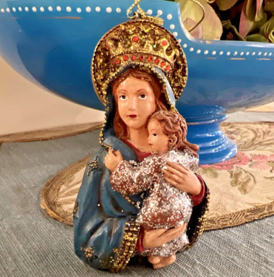 Madonna und Kind Weihnachtsdeko Vintage Stil religiös verziert Harz