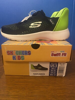 New Skechers Kids' Swift Fit Sneaker Navy/Green Shoes SZ-3