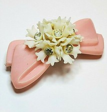 Vintage Barrette - Pink Bo-Slide with Cream Diamante Celluloid Flower England