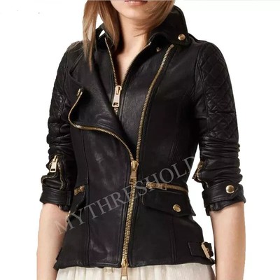 Black Women's Slim Fit Biker Diamond Quilted PU Leather Jacket