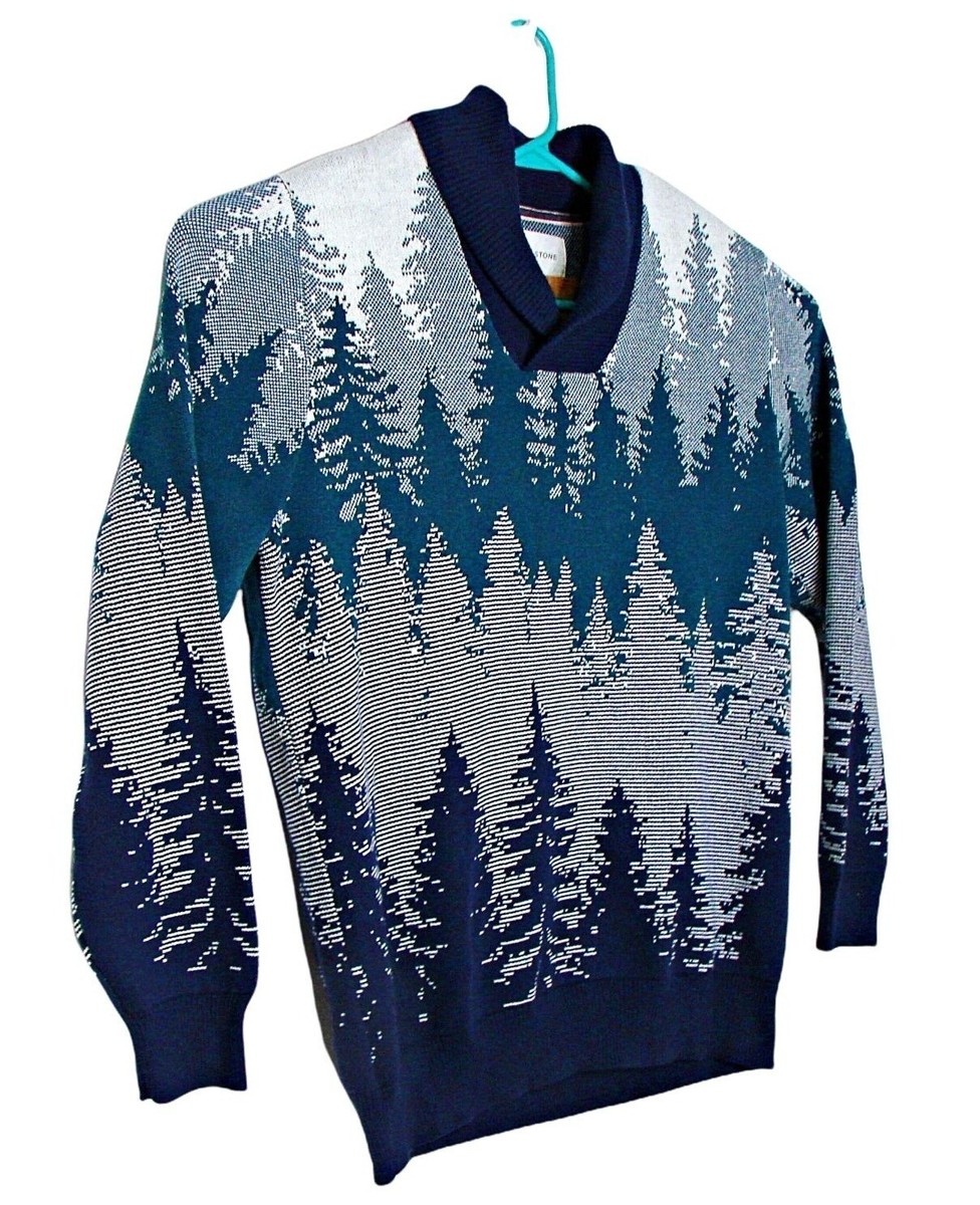 Vintage 80s Size Large Forest Print Sweater Blue Green Gray Tree