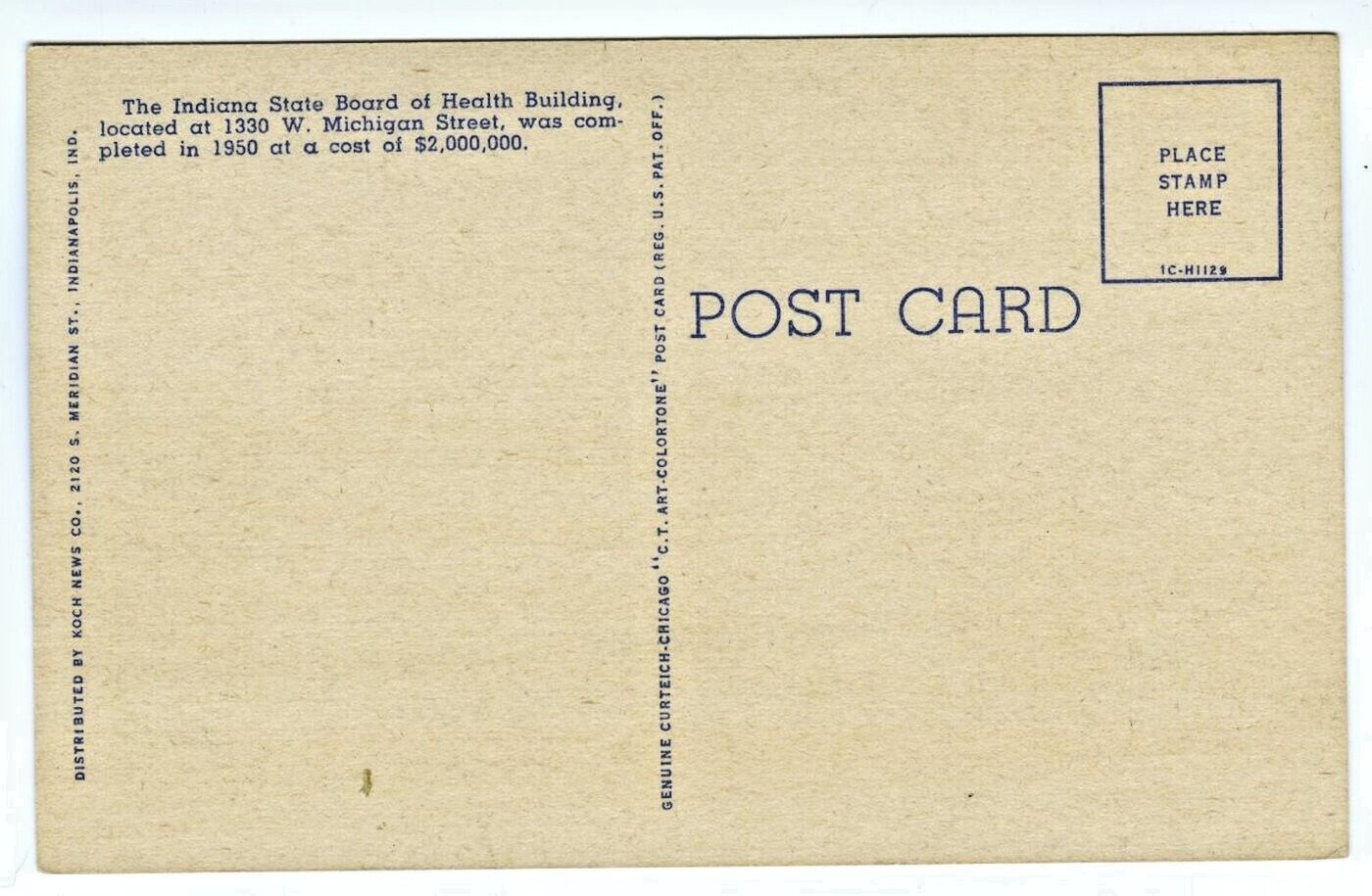 Indianapolis IN Indiana State Board of Health Building Linen Postcard
