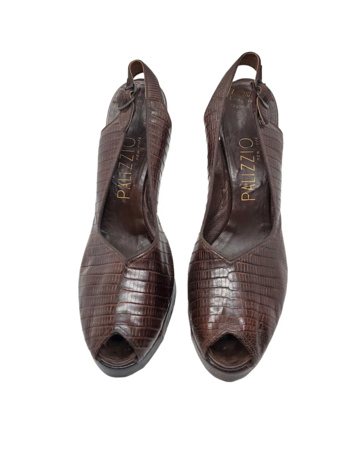 Vintage Shoes 1940s Brown Leather Croc Snake  Platform Open Toe Slingback Heels - Image 2 of 4