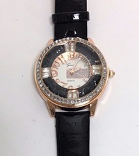 NEW GENEVA ROSE GOLD TONE,BLACK SHINY LEATHER BAND,LOOSE CRYSTALS,GLITZ,WATCH