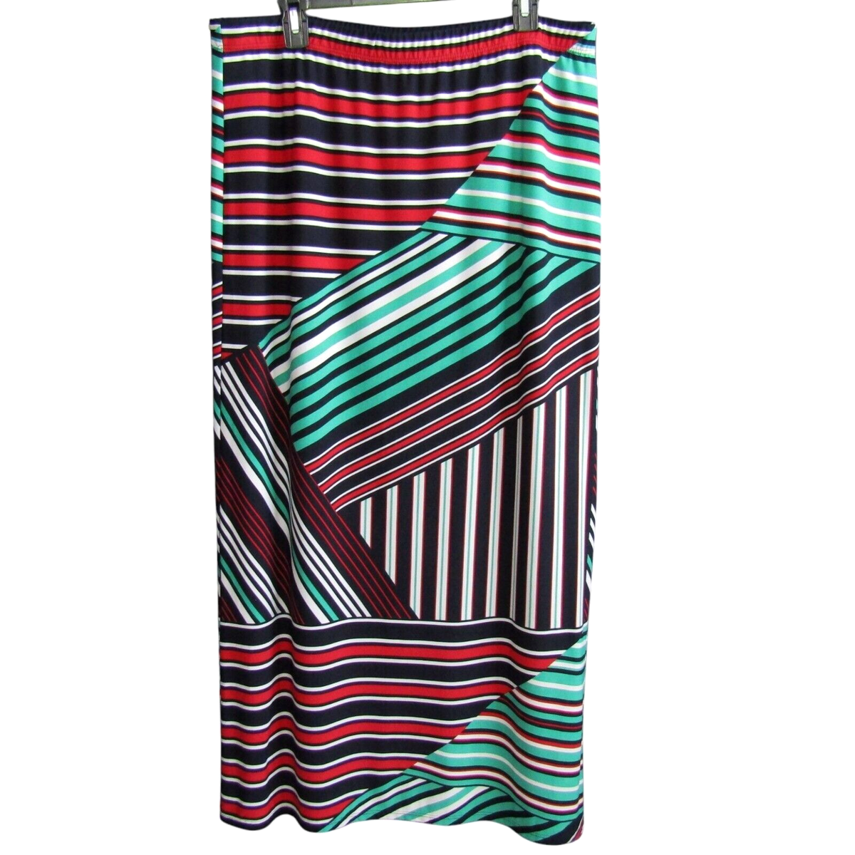 Susan Graver Printed Liquid Knit Maxi Skirt Size L Blue Red Green Stripe  Slit | eBay