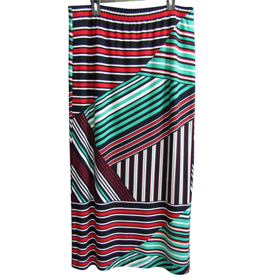 Susan Graver Printed Liquid Knit Maxi Skirt Size L Blue Red Green Stripe  Slit | eBay