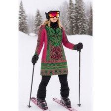 Vibrant Wool Park Ladies Pink Green Jacquard Knit Tunic Kurta Dress - M/L
