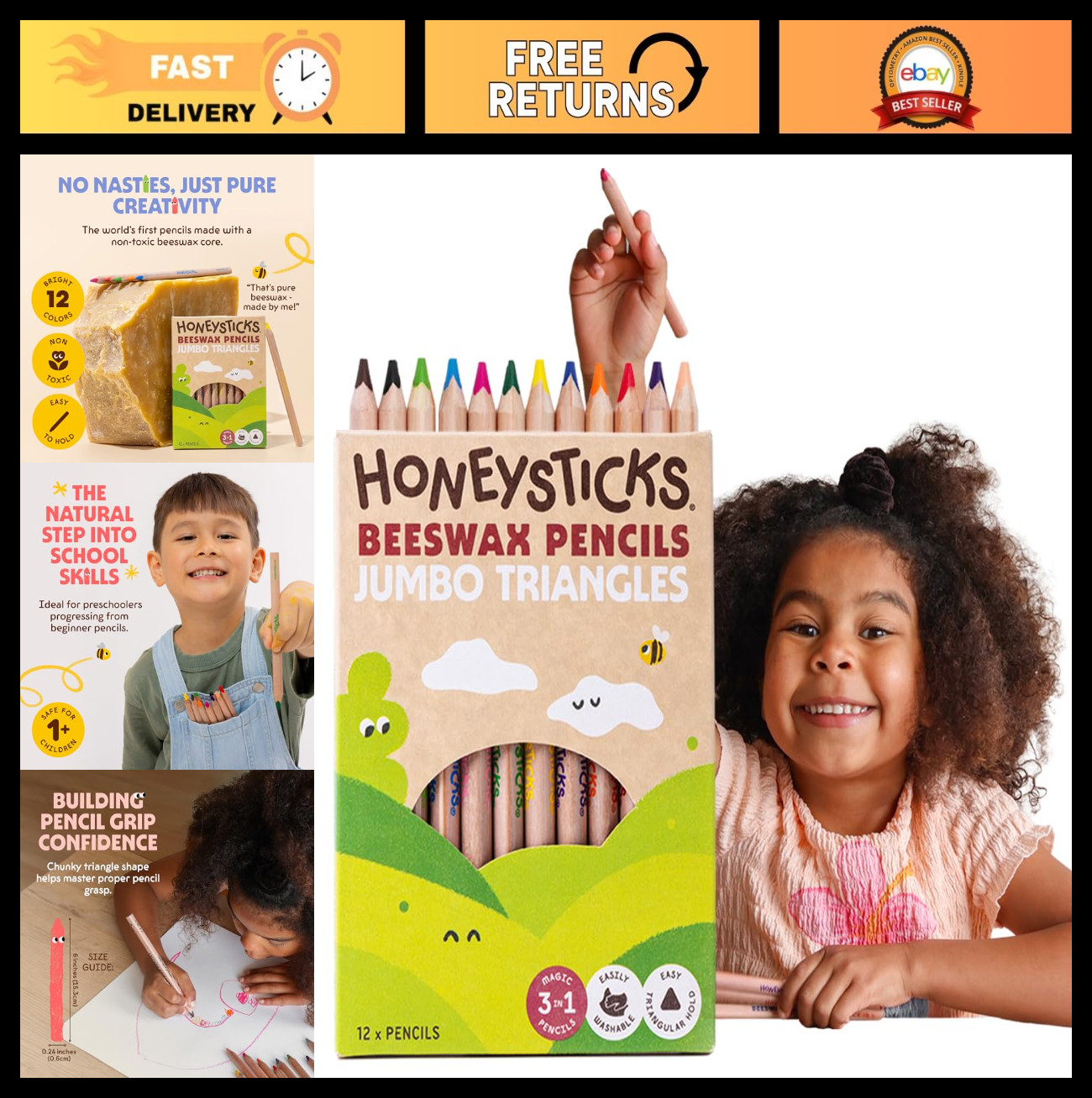12 Pack - Non-toxic Beeswax, Easy Grip For Toddle