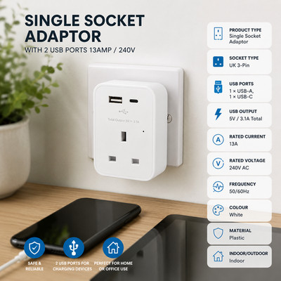 1-fach UK Netzsteckdose mit 2 USB Ladeanschlüssen Anschluss Wandplatte Stecker