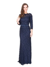 TADASHI SHOJI navy blue AMBERLY LACE boat neck SLEEVE maxi GOWN dress sz 4