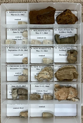 Lot of 13 Civil War bullets, 4 rd balls, 8 shell fragments, Locations/Provenance