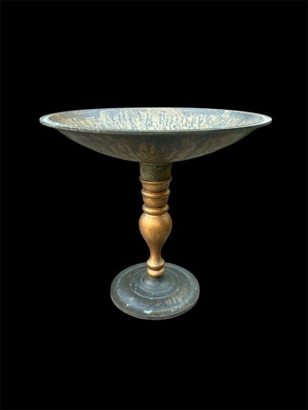 Vintage Metal Coupe Bowl Decorative Pedestal 9" Tall GC