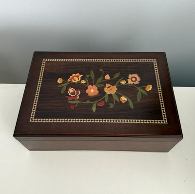 Vintage Large  Wooden Jewelry Box Floral Painted Cream Sections Lined