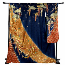 Japanese kimono SILK"FURISODE"GLD thread/leaf, Birds,Pine leaf,SAKULA,5'6"..4759