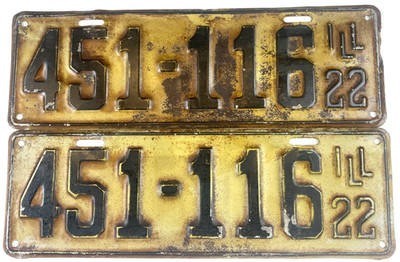 Vintage Illinois 1922 Auto License Plate Set Pair 451-116 Man Cave Wall Decor