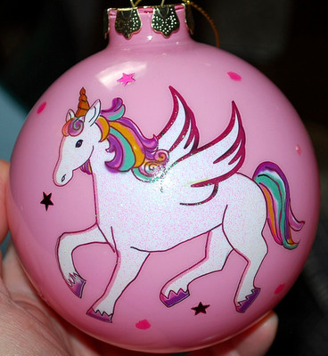 Vtg LARGE ROUND GLASS BALL ORNAMENT Pink Unicorn RAINBOW BRIGHT Glitter Stars 5''