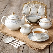 15pc Blue Floral Porcelain Tea Set - 6 Cups  Saucers  Teapot Creamer Open Box