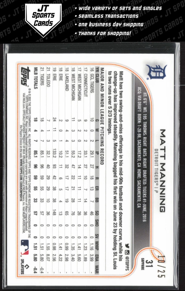 2022 Topps Chrome Sapphire Matt Manning 31 RC Orange Refractor /25 Tigers - Image 2 of 2