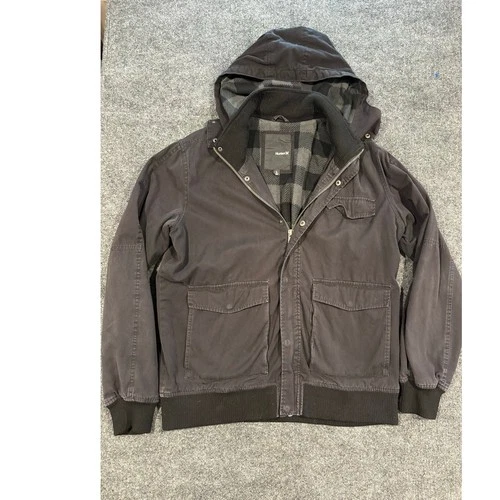 Hurley Hooded Field Jacket Heavyweight Canvas Coat Buffalo Plaid Lined Black - product listing photo
