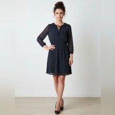 Ann Taylor LOFT Brush-Stroke Print Dress Womens 8 Black White Long Sleeve Belted