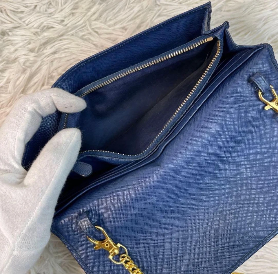 PRADA Logo Chain Shoulder Bag Long Wallet Saffiano Leather Navy Authentic - Image 3 of 4