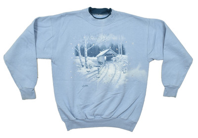 Morning Sun Vintage Women's Blue Crewneck Sweatshirt Winter Covered Bridge Stain
