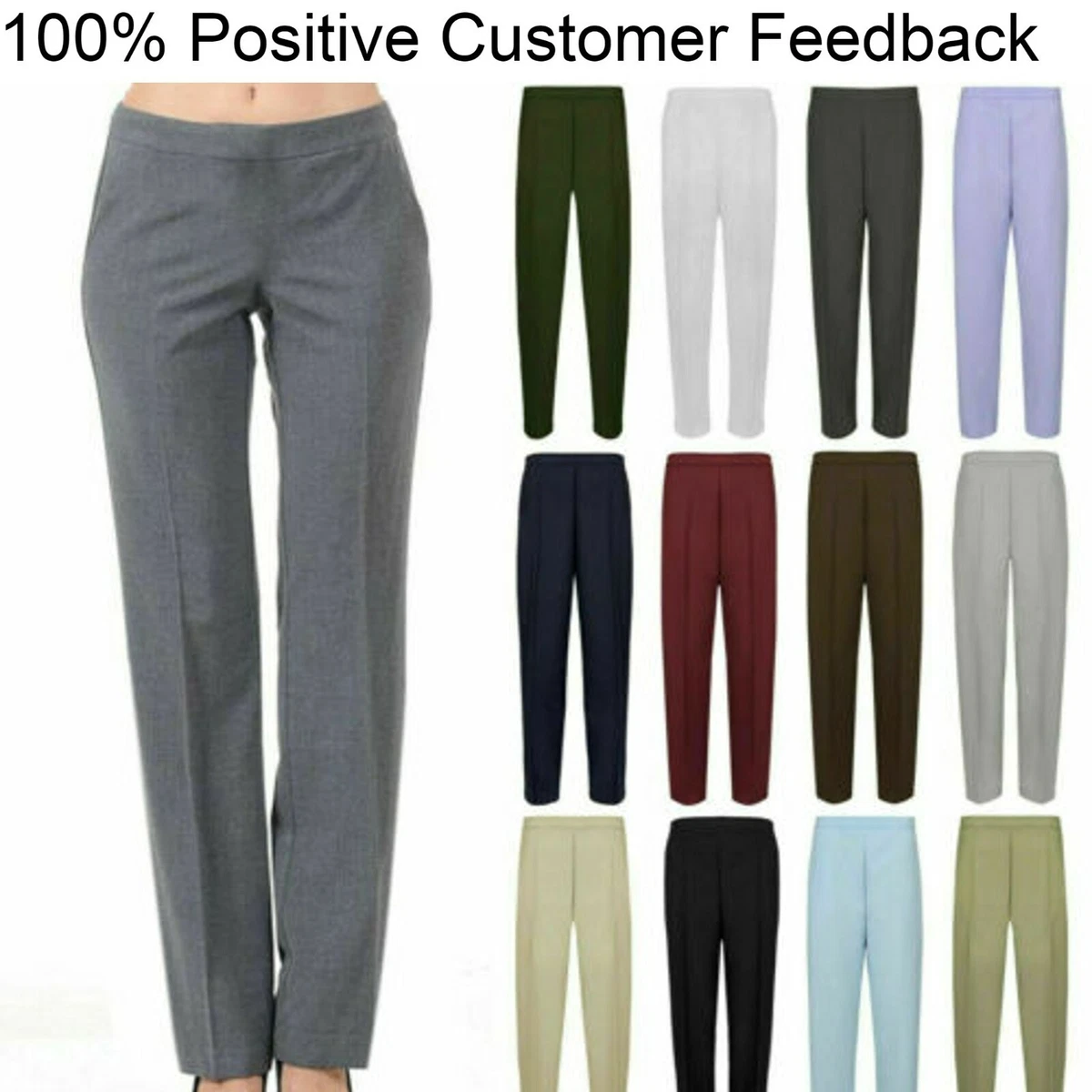 Ladies Women Office Work Trousers Half Elasticated Stretch Waist Pull Up  Pants