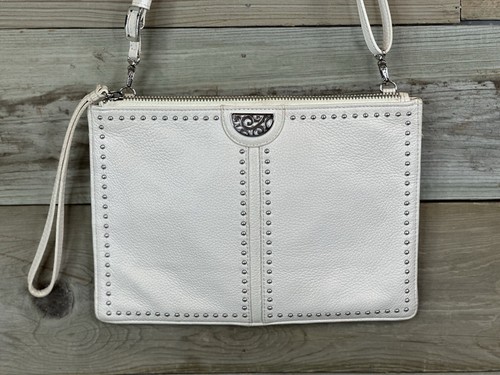 Brighton Pretty Tough Cream Off-White Stud Leather Slim Crossbody Bag Wristlet