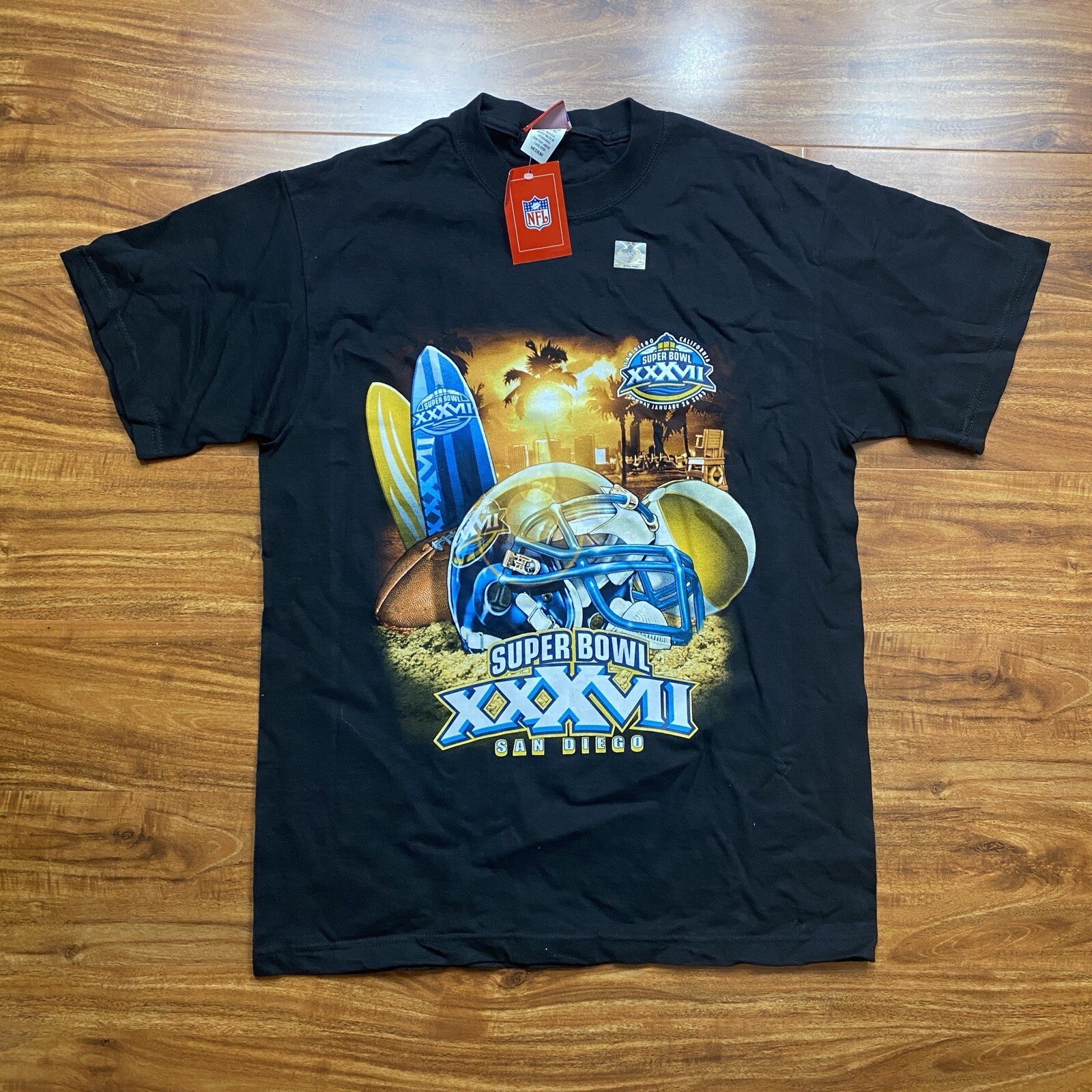 NWT New Vintage Mens NFL Black San Diego XXXVII Superbowl Graphic T-Shirt Size M