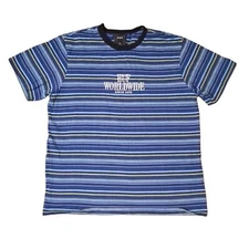 Vintage HUF Men's Navy and lime Striped Tee with White Logo Sz Lg