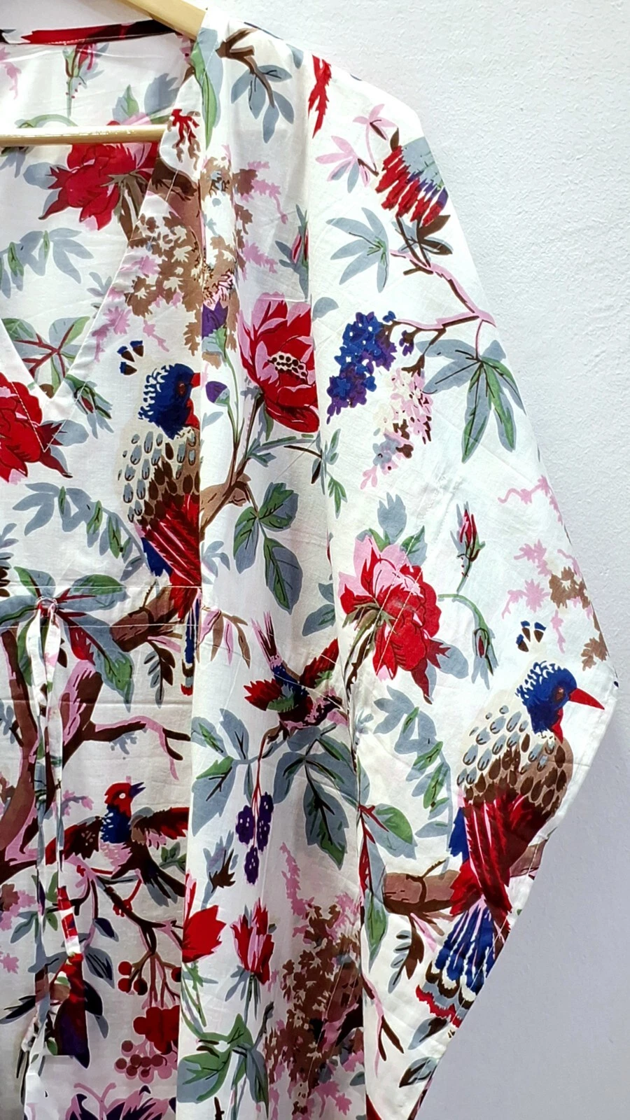 OFF WHITE Maxi abito donna lungo in caftano stampa uccellino bianco sporco loungewear