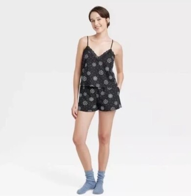 Colsie Pajama Set Women's L Large Black Snowflake Tank Top Shorts Lace Trim New