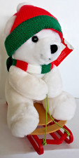 Dakin 8" Christmas winter Zoomer Bear with cap scarf on a sled with tag 1986