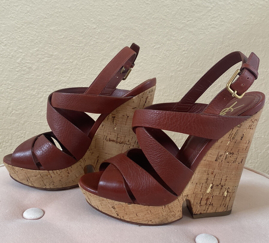 SAINT LAURENT Sandali Deauville marroni tacco a zeppa YSL Deauville $695 taglia US 6 EU 36