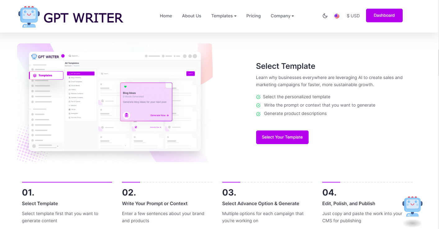 GPT Writer AI Writing Generator Business SAAS site Business for