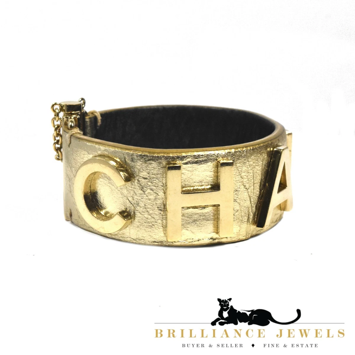 Authentic Chanel Gold Calfskin Leather Logo Cuff Bracelet