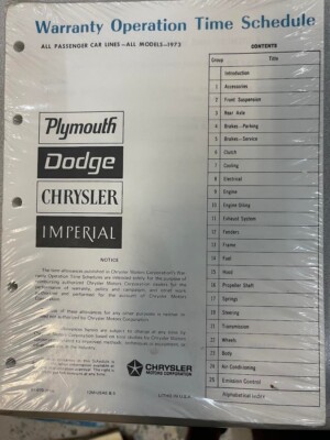 Warranty Operation Time Schedule 1973 All Passenger Car Lines All Models OEM