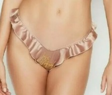 NEW Victoria Secret French Cut Satin Ruffle Thong Panties Panty Nude Pink Size S