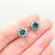 Antique Solid Silver Emerald & Diamond Paste Earrings Cluster Screw Back Sparkly