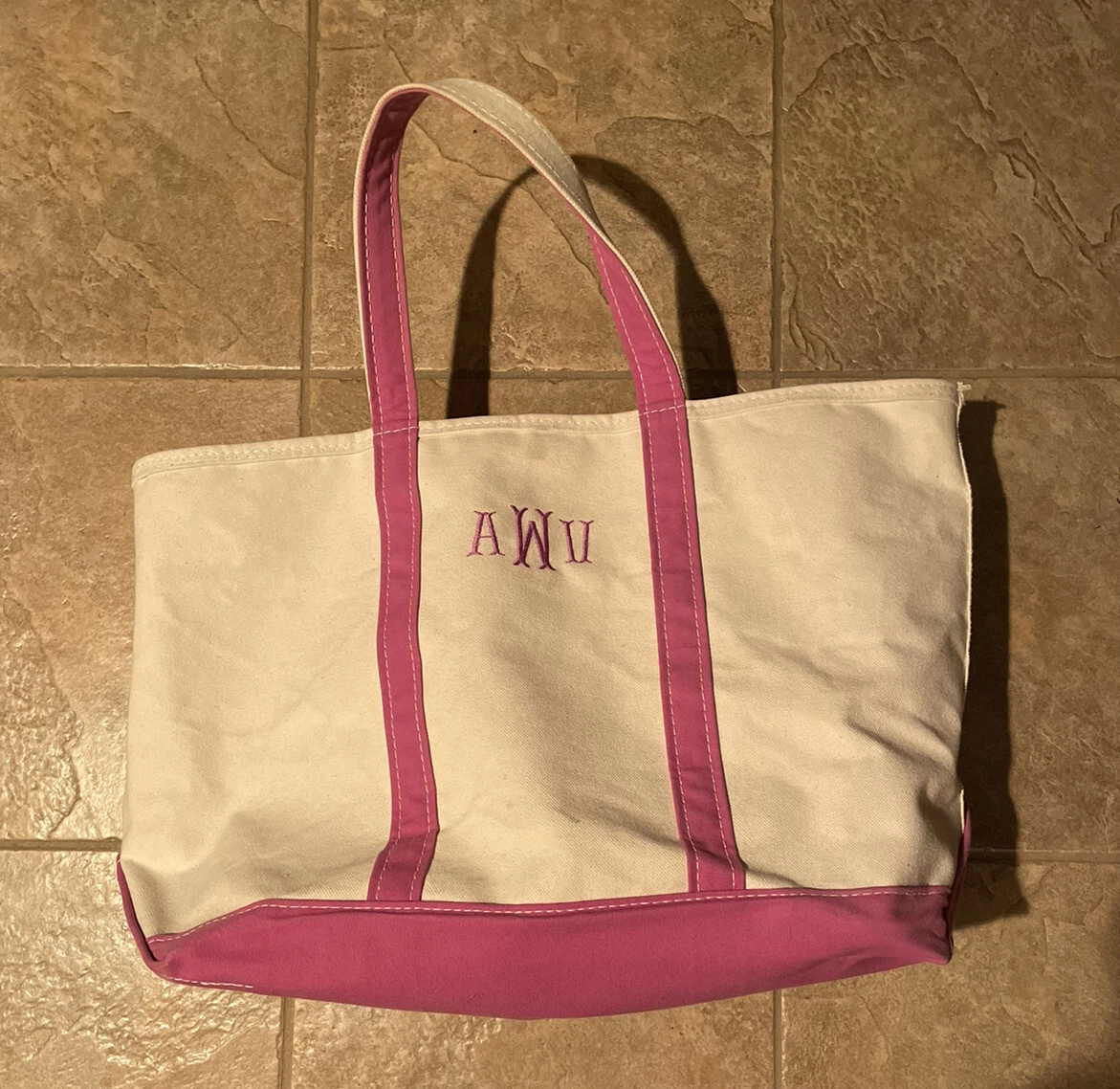 Vintage LL Bean Boat and Tote Bag Pink Straps Canvas 16”x 8” USA Zippered Top Mo