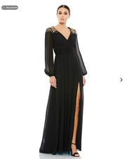 Ieena Mac Duggal Black Beaded Shoulder Collar Puff Sleeve Chiffon Gown Sz 12