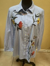 TALBOTS WOMEN'S TOP LONG SLEEVE BLUE/WHITE STRIPES EMBROIDERED XL