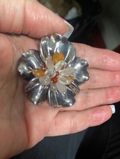 925 Sterling silver large flower brooch colorful gemstones brooch pendant by LT