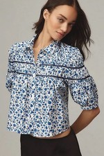 Maeve Blue & White Floral Collared Puff 3/4 S...