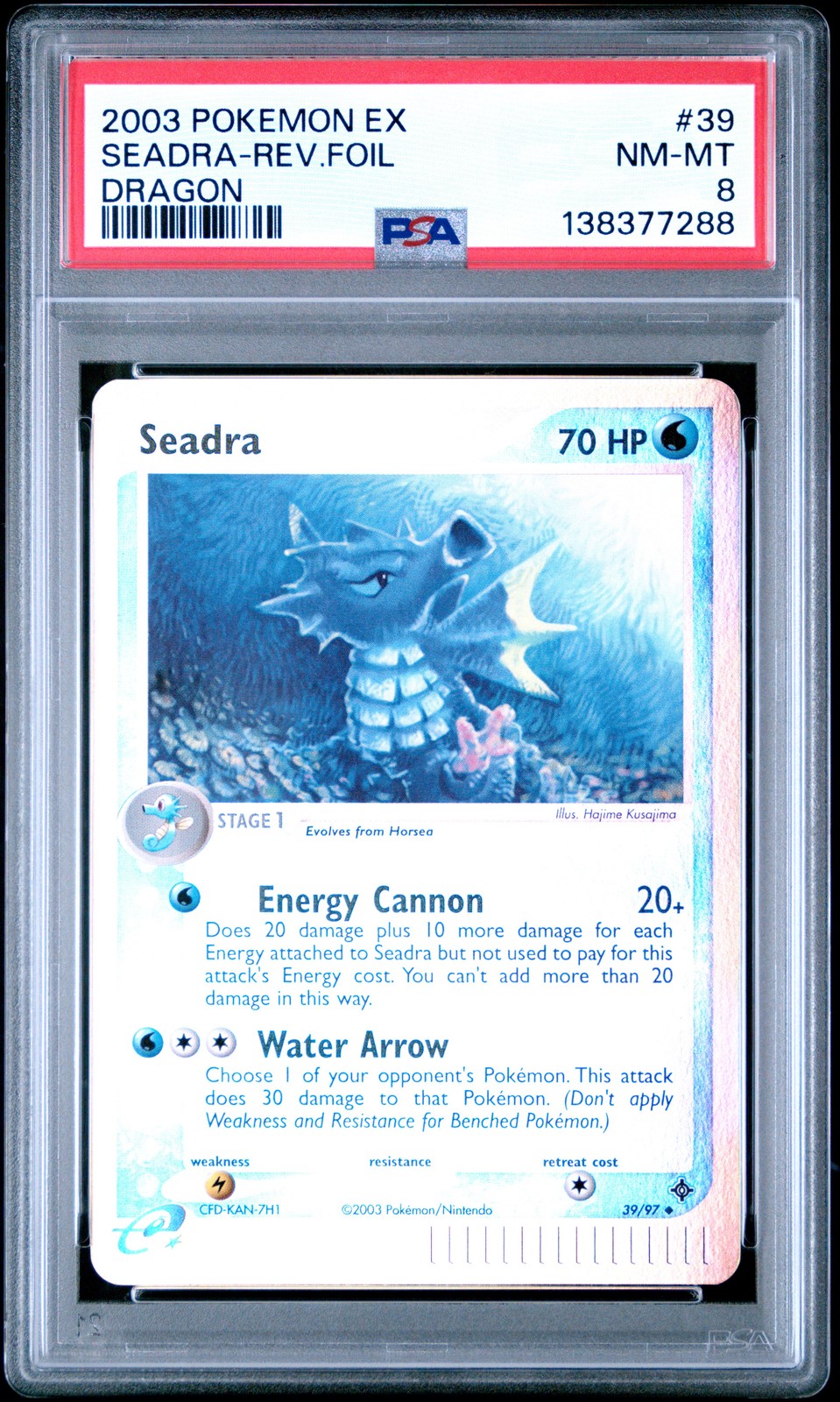 2003 POKEMON EX DRAGON #39 SEADRA-REVERSE FOIL PSA 8