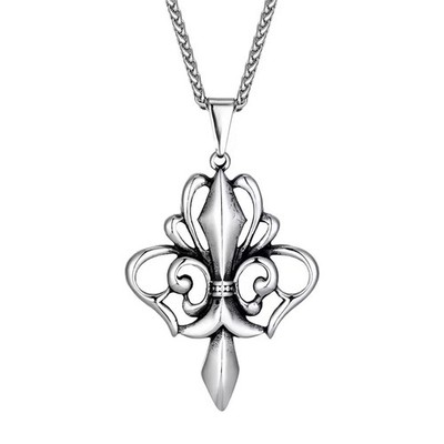Large Fleur De Lis Necklace Silver 316L Stainless Steel French Style Pendant