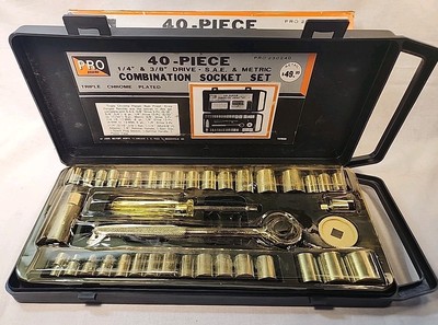 40-Piece VTG PRO Brand Combination Socket Set 1/4'' & 3/8'' Drive SAE & Metric~NOS